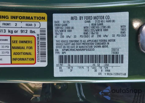 2025 Ford Bronco Sport Outer Banks z USA, uszkodzony, nr VIN 3FMCR9CN9SRF03233